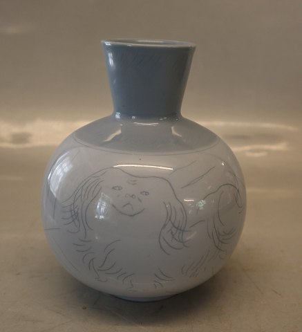 B&G Vase with stylized drawings with peke dog and a siam cat on blue glaze 14.5 cm Ebbe Sadolin B&G Art Pottery