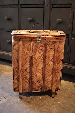 Old Swedish 19th century wooden wicker basket with lid in natural color with fine patina...