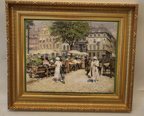 B&G Porcelain painting in golden frame 35.5 x 42 cm Paul Fisher (1860-1934) Copenhagen Square Hojbroplads seen from Amagertorv no 1608 of 1750 