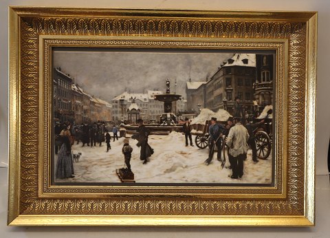 B&G Porcelain painting in golden frame 33.5 x 47 cm Paul Fisher (1860-1934) Vinterday on Gammeltorv square 1919 No 1613 of 1750