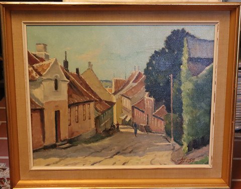Painting Oil on Canvas ca 50 x 61 cm from our home town Mariager Fuglsangsgade by Gunnar Bundgaard
