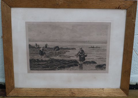 Radering: Paris Carl Locher 1887   42 x 53 cm gammel ramme og glas. . Rejefiskere i Bretagne