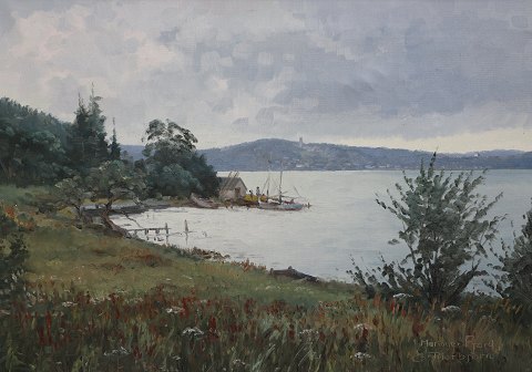 Maleri E. Thorbjørn Mariagerfjord motiv 58 x 77.5 cm med træramme Udsigt fra Stinesminde mod Mariager