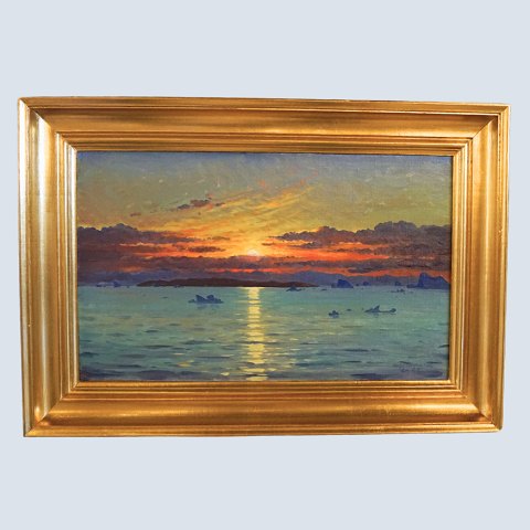 Emanuel A. Petersen; Oliemaleri, solnedgang ud for Christianshaab / Qasigiannguit
