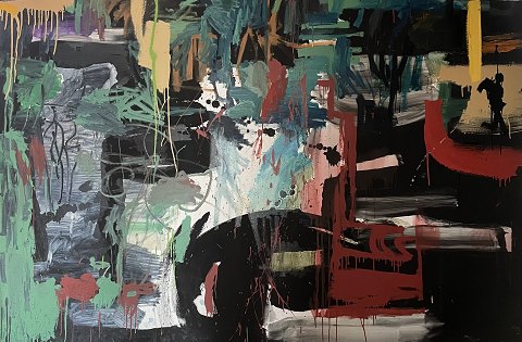 Stort flot ekspressivt maleri uden ramme, maleriet stammer fra kunstnerens atelier. Oliemaleri på lærred.