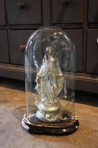 Decorative, old oval French glass Dome / Globe on a black wooden base for exhibition. H:41cm...