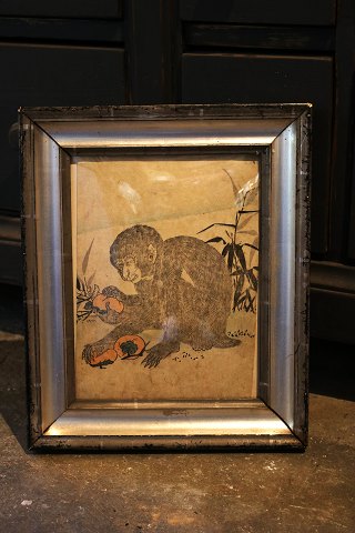 Sjælden , antikt japansk fuki-bokashi grafik af siddende abe fra 1774 af af den japanske kunster Toriyama Sekien...