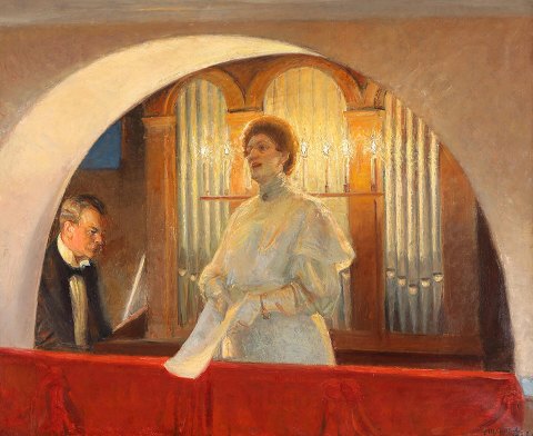 "Henny Brodersen synger i Skagen kirke" Michael Ancher har lavet dette motiv i flere versioner, desuden har P.S.Krøyer udført dette motiv.