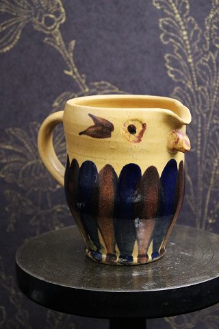 "Lillerod" owl jug in glazed earthenware in fine oak yellow / brown / blue glaze...