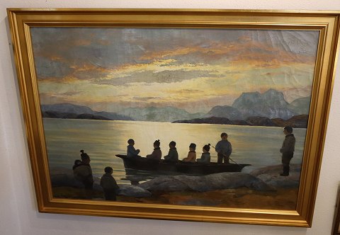 Maleri: Konebåd / Uminaq ved grønlandsk kyst. Olie på lærred 70 x 100 cm Sign. Emanuel A. Petersen.