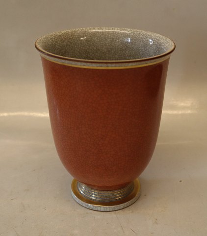 212-2731 Kgl. Vase 15.5 x 12 cm rød, guld & grå Kongelig Dansk  Craquelé, Craquele