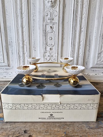 Royal Copenhagen Advent candle stick in gilded metal with porcelain cuffs in white half-lace