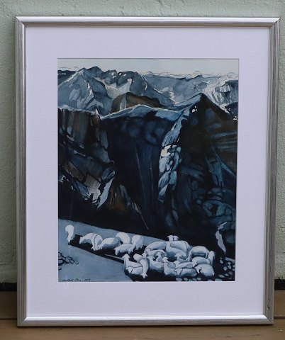 Anders Ova Painting 2003: Sheep at hill. Acryl on board?  in silver frame 66 x 55.5 cm