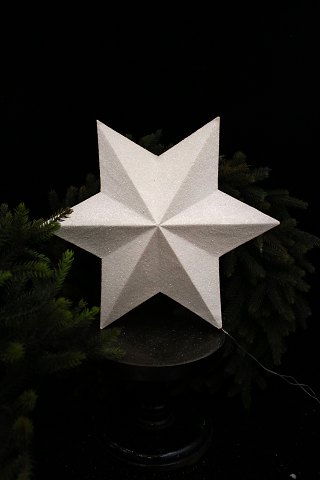 Gammel top stjerne til juletræet i papmache med frost glimmer.Dia.: 30cm.