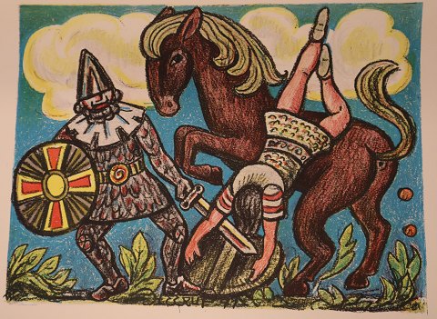 Henry Heerup 36 x 43 cm Historic war scene - From 1972 Warrior and horse fighting