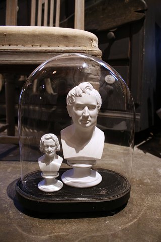 Decorative, old oval French glass Dome / Globe on black wooden base for display. Total H: 35cm...