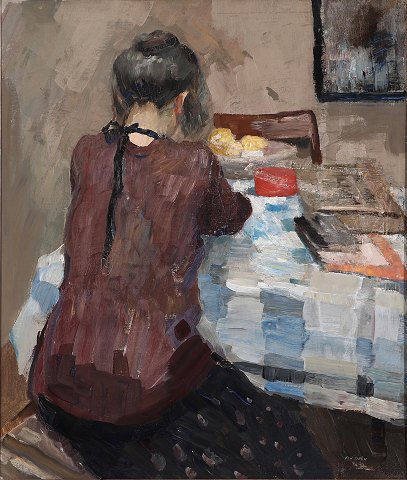 "Interior with woman" Oil painting on canvas in silver frame. Beautiful painting ready to hang.