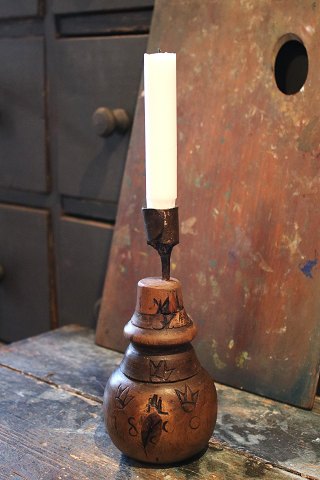 Antique Swedish candlestick from the 19th century in wood and candle holder in wrought iron...