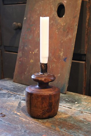 Antique Swedish candlestick from the 19th century in wood with wrought iron candle holder and a fine patina...