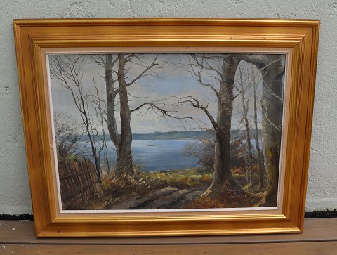 Painting: Oil on Canvas Mariager Fjord Signed e. Thorbjoern 67 x 87 cm including the golden frame