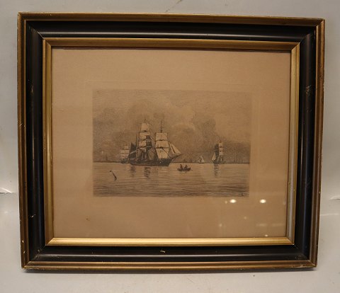 Etching: Carl Locher 1907 Marine motivf with sailships 45 x 41 cm including original glass and frame