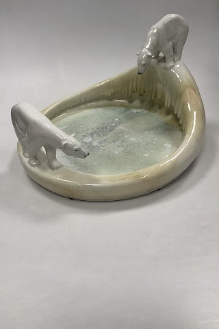 Large Royal Copenhagen Art Nouveau Crystalline Glaze Tray with polar Bears. Designed by Arnold Krog and glaze by Søren Berg "Northpole" from January 1925
