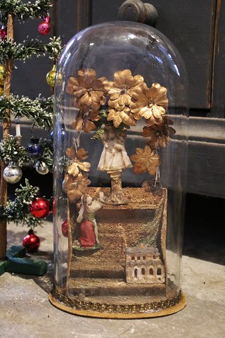 Antique, religious glass globe with Madonna figure and flower decorations...