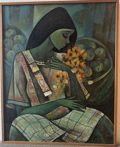 Roger San Miguel painting:Woman with Flowers and Apples