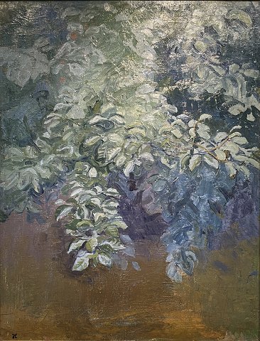 "Bøge ved en aa" Oliemaleri, et tidligt værk, muligvis har kunstnerens Hustru Alhed Larsen 1872-1927  været med i processen i at udføre dette sjældne værk.
