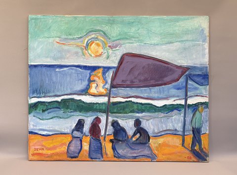 Sunset with people on the beach.