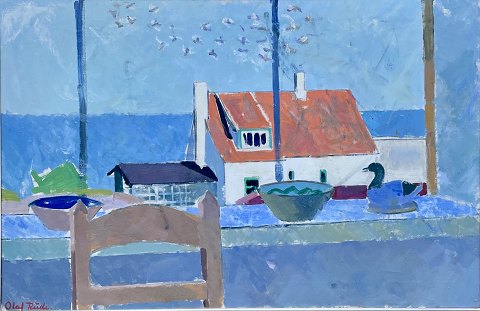 "Fra kunstnerens atelier, Bornholm" Olie maleri på lærred i sølv ramme. Maleriet er i perfekt stand.