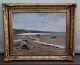 Maleri Gunnar Bundgaard Mariagerfjord 42x52 cm inklusiv flot guldramme "Sten ved lavvande"