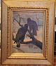Maleri Rovfugle på gren Oliemaleri på Lærred ca 60 x 49 cm inklusiv original guldramme Vilhelm Th. Fischer 1857 - 1928