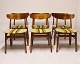 Sæt af 6 spisestuestole i teak og polstret i grønt stribet uld, af dansk design fra 1960erne. 5000m2 udstilling.