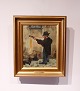 En lille oliemaleri af mand med to hunde, signeret af den danske kunstner Jens Sørensen.5000m2 udstilling.