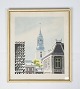 Tryk med bymotiv og forgyldt ramme.