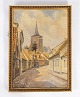 Oliemaleri med bymotiv og forgyldt ramme, med ukendt signatur fra 1890erne.