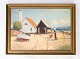 Oliemaleri med strand motiv og forgyldt ramme, med ukendt signatur fra 1930erne. 5000m2 udstilling.