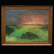 Jens Søndergaard maleri. Jens Søndergaard, 1895-1957, olie på lærred. Landskab med sol. Signeret, betitlet og dateret 1954. Lysmål: 89x110cm. Med ramme: 107x121cm