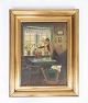 Oliemaleri med motiv af et hjem og med forgyldt ramme, malet af Jens Konghammer (1884-1974) fra 1920erne. 