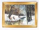 Oliemaleri med vinter motiv og forgyldt ramme, ukendt signatur fra 1930erne.  