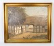 Oliemaleri med land motiv og forgyldt ramme, signeret K.L.R. 27. 