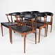 Sæt af seks spisestuestole i palisander og nypolstret med sort  elegance læder, designet af Johannes Andersen, model BA113, fremstillet af Brdr. Andersens møbelfabrik A/S. 1960erne.5000m2 udstilling.