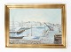 Maleri på lærred med havne motiv og forgyldt ramme, signeret V.B. fra 1940erne.