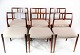 Et sæt af seks spisestuestole, model 79, designet af N.O. Møller i 1966 og fremstillet af J.L. 5000m2 udstilling.