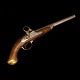 Dansk ringhanepistol Model 1848. Fabrikeret på Kronborg og udleveret 1852. Lås stemplet "MD - 1848. 1852-201". Pibe stemplet "CHR.4E.52 1852-201". Pibe og lås begge med Frederik VIIs kronede monogram. L: 46cm