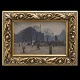 Frants Henningsen, 1850-1908, olie på plade. "Parti fra Kgs. Nytorv 1891". Lysmål:  13x21cm. Med ramme: 22x30cm