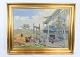 Oliemaleri på lærredet med motiv af hønsegård og marker malet af Johan Jacobsen (1883-1953) fra omkring 1940