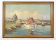 Et stort olie maleri på lærredet med motiv af fiskerbåde nær kyst fra omkring 1930