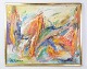Farverigt olie maleri af kunstneren Leif Bjerregaard fra 1995 med titel "Hvor engle danser". Mål i cm: H:86 B:105